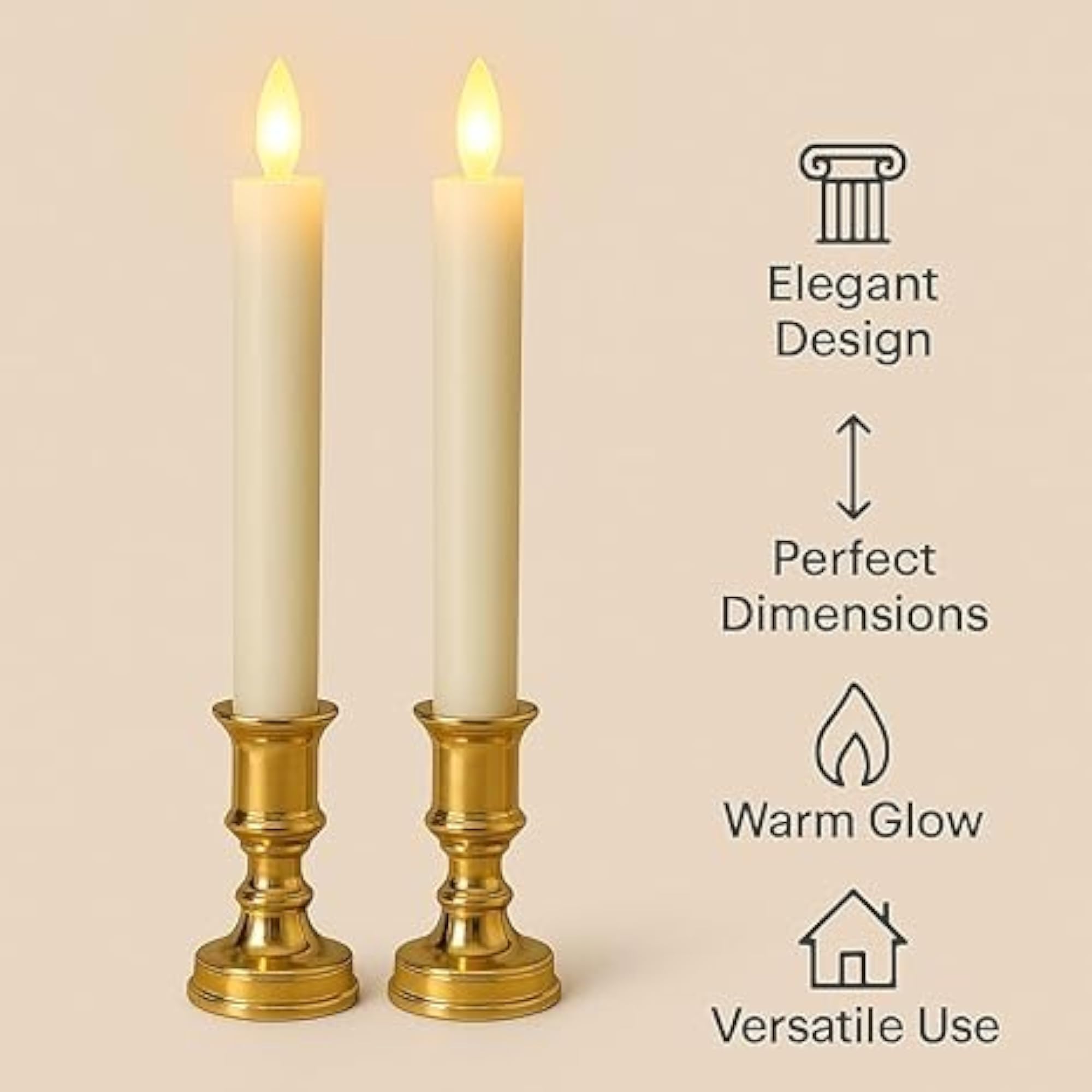 LED Tapper Candles with Golden Holders, Realistic Warm Glow