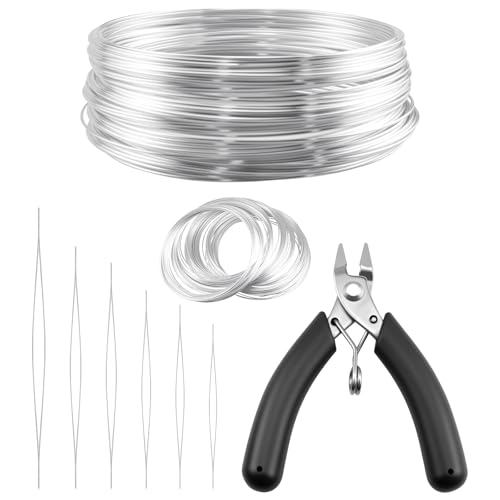 MARRTEUM 100 Loops Silver Memory Beading Wire with Cutter Tool and 6 Size Beading Needles for Jewelry Making DIY Bracelet Necklace Ring Earring Craft Solve Bead Stringing and Cutting Problem