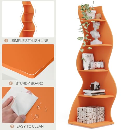 Image of Tribesigns Corner Shelf, Modern 5-Tier Wall Corner Bookshelf, Stylish Corner Small Bookcase Storage Rack Plant Stand with Unique Shape for Living Room, Home Office (Orange, 2PCS)