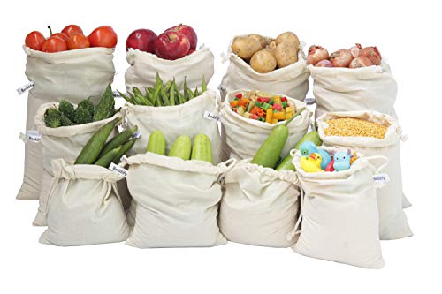 Beddify 100% Cotton Set of 12 Reusable Fridge Storage Bags for Vegetables and Fruits Quality Multipurpose Eco Friendly Bags (4 Large, 4 Medium & 4 Small Size Bags) Drawstring