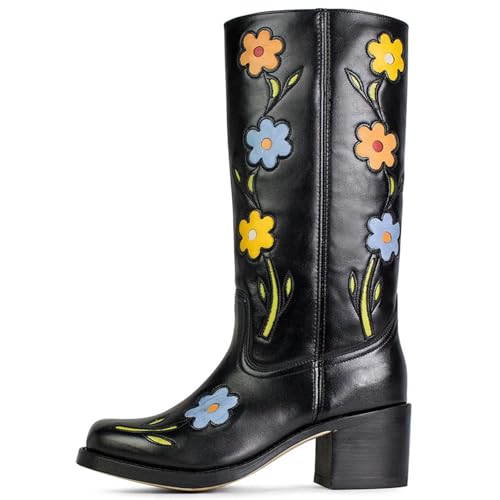 Women's Knee High Riding Boots with Flowers Square Toe Chunky Heel Motorcycle Boots