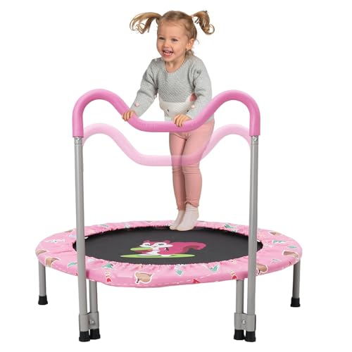 Trampolín para Niños,Camas Elasticas con Asas Ajustables y Extraíbles y Cubierta Acolchada, Carga Máxima de 60KG,Cama Elastica Fitness Plegable Interior y Exterior,para niños de 3 a 6 años, Rosa