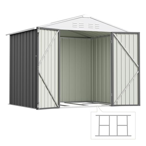 Image of Devoko 8 x 6 FT Storage Sheds with Floor Frame, Waterproof Garden Tool Shed with Lockable Door, Outdoor Metal Utility Shed for Backyard Patio Lawn, Gray