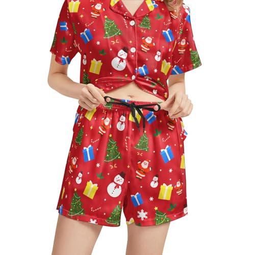 Image of Funny Satin Pajamas Set for Women Button Down Sleepwear Print Pjs Set 2 Piece Short Sleeve Loungewear Gift for Women