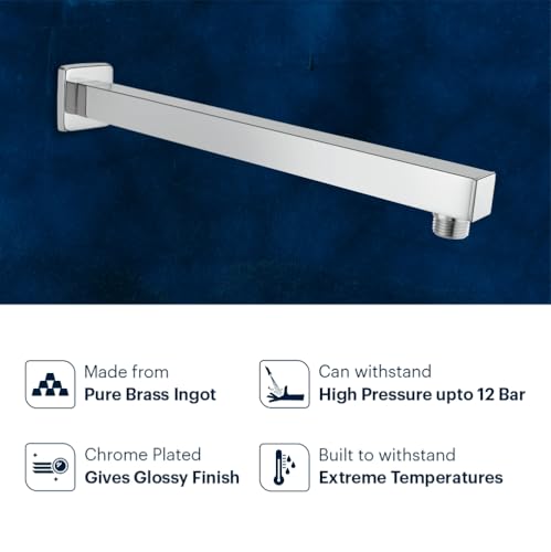 Image of Johnson Square Shower Arm 12 inches long with wall flange | Brass Material | Anti-Corrosion Shower Holder for Overhead Showers | 2 Year Warranty (S0001C2 - Chrome)