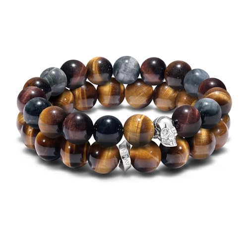 AWNL Skull Beaded Bracelet with Natural Gemstone 925 Sterling Silver Charm