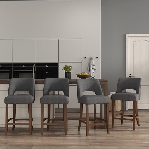 Image of VKNOW Bar Stools Set of 4, 26 inch Upholstered Counter Height Bar Stools, Modern Counter Stools with Wood Legs for Kitchen Island Dining Room Bar, Charcoal
