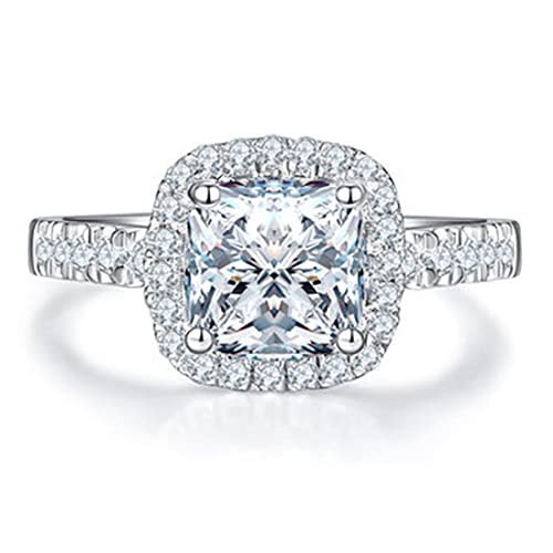 18K White Gold Plated 2CT Zircon Diamond Engagement Ring for Women Sterling Silver Jewelry Halo Cushion Ring