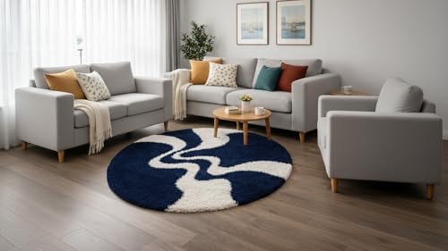 Image of 4x4 Feet Blue leher Shaggy Round 3D Carpet | Soft Plush High Pile Rug | Modern Designer Round Rug for Living Room, Bedroom & Office