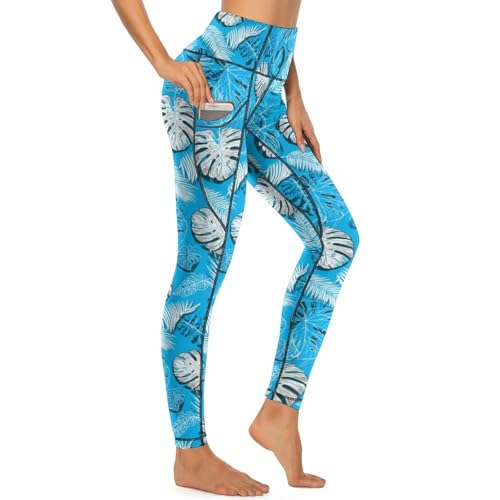 Leggings de entrenamiento con bolsillos para mujer pantalones de yoga estampados azul cielo