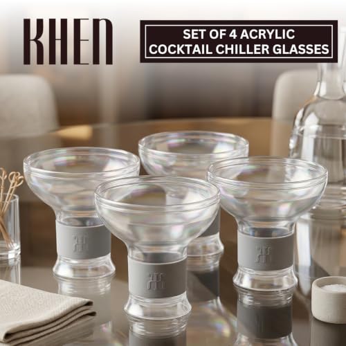 Image of Khen Frozen Margarita & Cocktail Chiller Glasses | Set of 4 | Cooling Cups 12 OZ Unbreakable Tritan Acrylic, Double Wall Acrylic Insulated to Keep your Drink Cool, Freeze Gel Glass Cup Silicone Holder