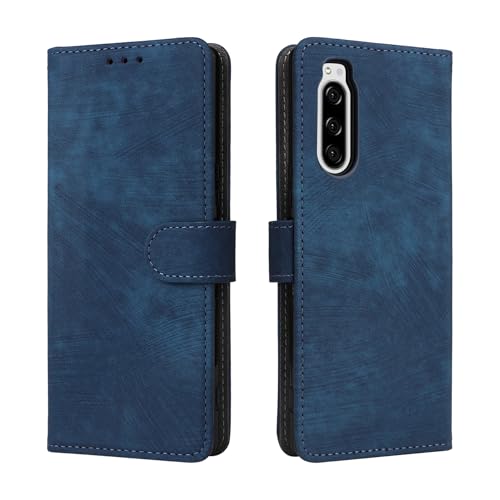 LMFULM® Hülle für Sony Xperia 5 J8210/ J8270/ J9210 (6,1 Zoll) PU Lederhülle Retro Gefrostet Magnetverschluss Handytasche Anti-Diebstahl-Bürste Brieftasche Stand Ledertasche Blau