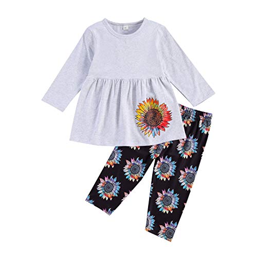 Toddler Baby Girl Fall Clothes Ruffle Long Sleeve Dovetail Dress Top+Floral Legging Pant Set with Headband 3Pcs Outfit (Gray Black, 4-5T)
