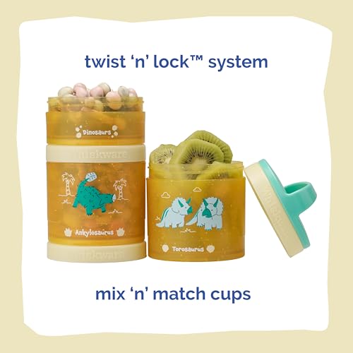 Image of Whiskware Dinosaur Stackable Snack Containers for Babies, Kids, and Toddlers, 3 Stackable Snack Cups for School or Travel, Cupholder Friendly, Blue /Yellow