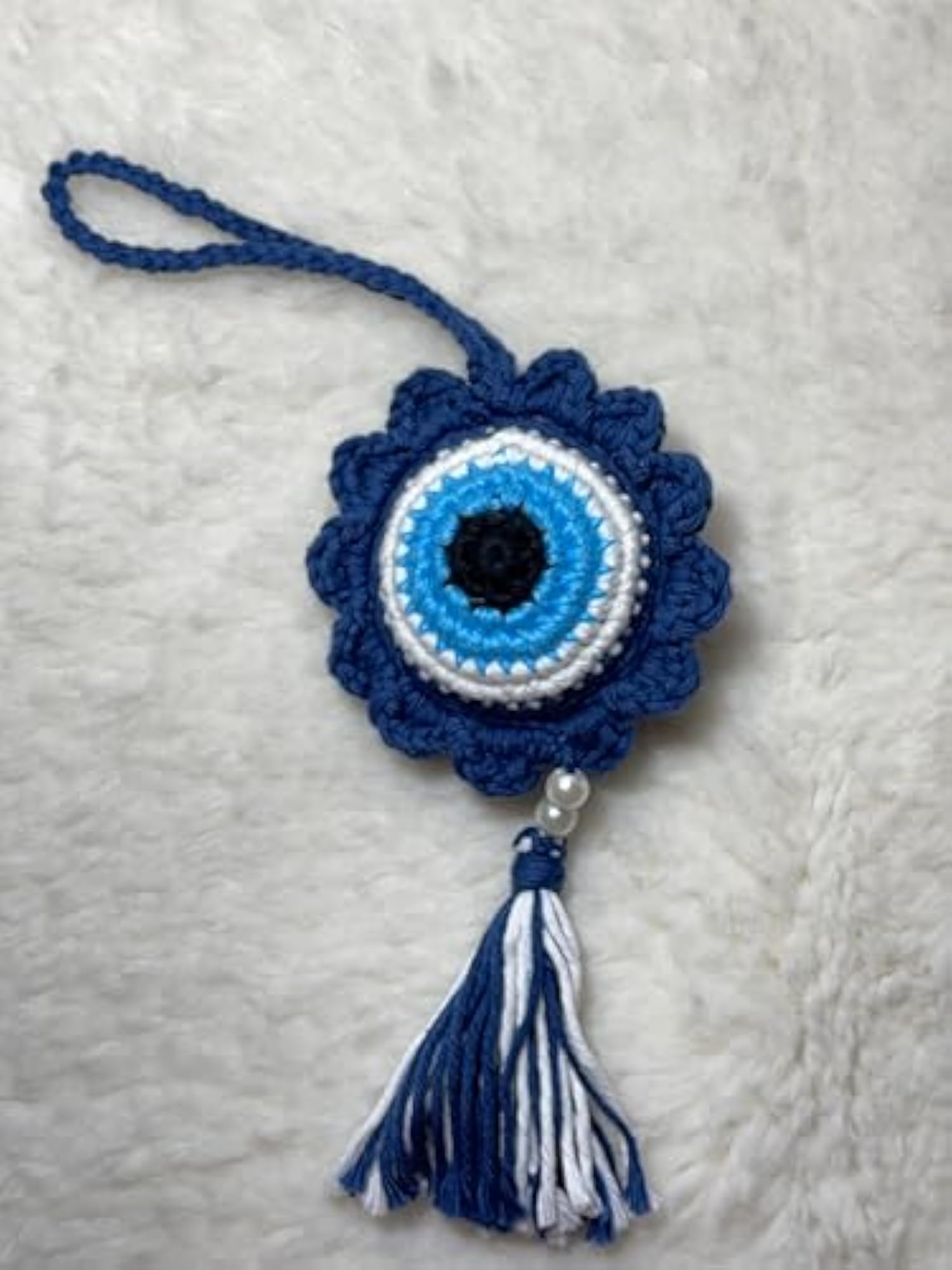 Evil Eye Crochet Charm with Blue Tassel, Handmade Decor