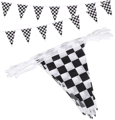 Image of Reusable Party Decoration Pennant Banner - 21 Pcs Black & White Checkered Flags on a 30ft String – Perfect for Race Car, Racing, Checkered Themed Parties & Events