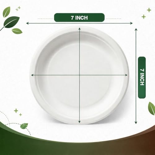 Image of Eco Aaroyaa Round Bagasse 7-Inch Disposable Plates - Eco-Friendly Disposable Plate for Food - Biodegradable Use and Throw Plates - Strong and Sturdy, Oil & Water Resistant (Pack of 50)