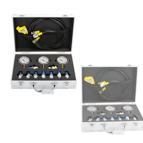 Image of Hydraulic Pressure Test Kit, 3 Gauges( /4000 /6000 /10000 PSI) & 8 Test Couplings & 1 Quick Connector & 3 Test Hoses, Hydraulic Pressure Gauges, for Excavator, Construction, Machinery