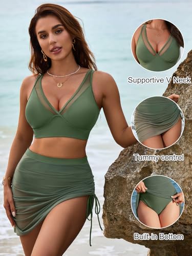 Image of Blooming Jelly Womens Swim Skirt High Waisted Bikini Sets Tummy Control Swimsuits Mesh Sarong Wraps Bathing Suits