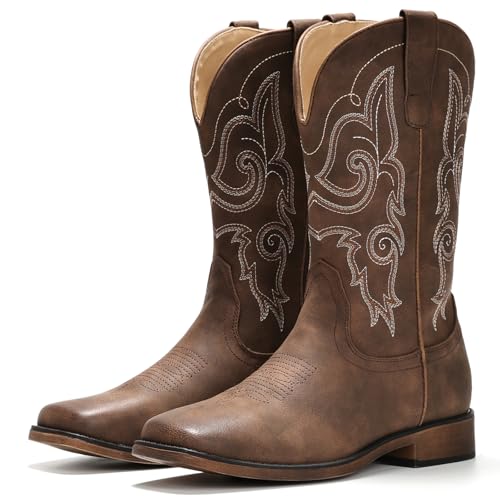Image of IUV Cowboy Boots For Women Square Toe Cowgirl Wide Mid Calf Western Boots | Comfortable, Pull-on, Colorful Embroidered, Vintage-modern, Stylish for Daily Life and Outdoor Adventures.