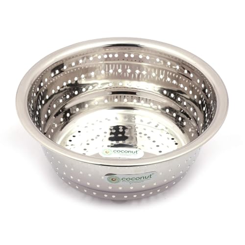 Image of Coconut Stainless Steel Colander Strainer for Kitchen - Large Rice Washer, Fruit & Vegetable Washing Bowl with Handles - Rust-Proof, Heavy-Duty Multipurpose Sieve Basket - Pack of 1 | 18 cm