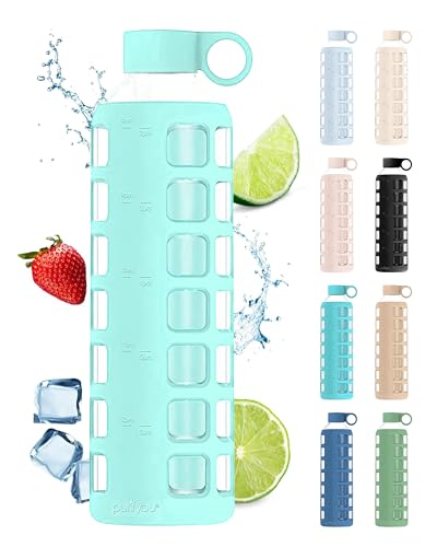 Image of purifyou 40oz / 32oz / 22oz / 12oz Borosilicate Glass Water Bottle with Time & Volume Markers, Silicone Sleeve, Stainless Steel Lid | Reusable Glass Bottle for Water & Juice (32oz Glow-in-the-Dark)