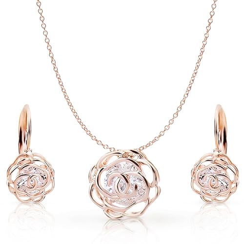 Crystalline Azuria Women 18K Gold Plated White Crystal Roses Flowers Necklace and Earrings Set for Women Wedding Party Bridal Bridesmaid Accessories