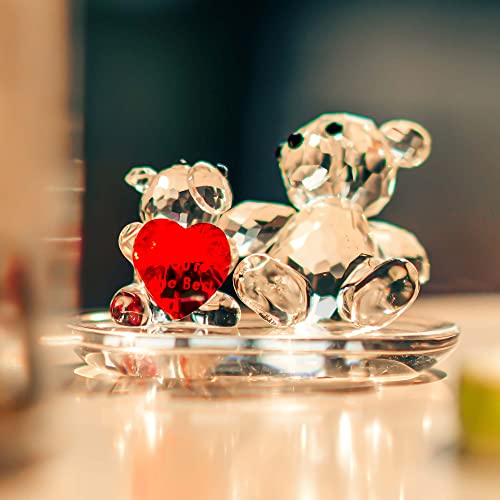 H&D Hyaline & Dora Clear Crystals Animal Figurines Mother&Baby Bears With Red Heart Cute Glass Bear Animal Figurine Collectible Ornament Paperweight, Home Office Table Decoration Gift For Mothers’ Day #TOP6