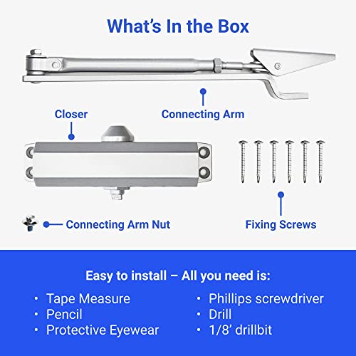 Door Closer Fs-1306Lite Automatic Adjustable Residential Closers Easy Open For Children & Women With Easy Installation Life Size Fitting Template & Instructions Silver #TOP4