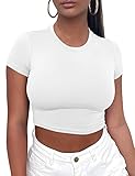 Kaximil Women's Basic Tight Shirts Short Sleeve Crew Neck Sexy Crop Tops Teen Girls, Small, White