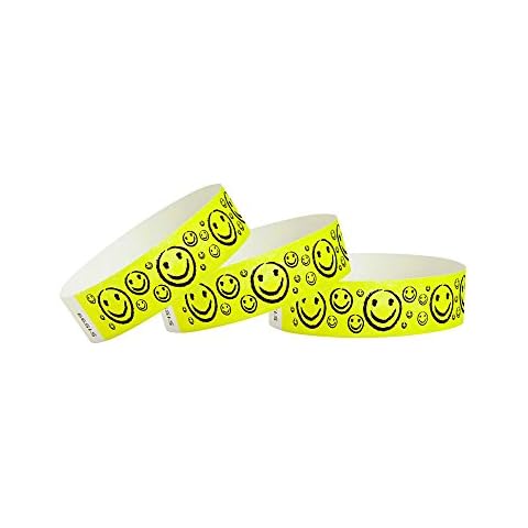 500 WristCo Yellow Smiley Face Tyvek Wristbands for Events - ¾” x 10” - Waterproof Recyclable Comfortable Tear Resistant Paper Bracelets Wrist Bands for Concerts Festivals Admission Party Cover