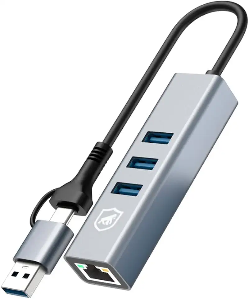 Gshield 2 em 1 Hub Extensor Conector USB-C + USB-A e Adaptador de Rede Ethernet LAN RJ45 com 3 Entradas USB 3.0 até 5 Gbps em Liga de Alumínio para Computador e Notebook, Cinza