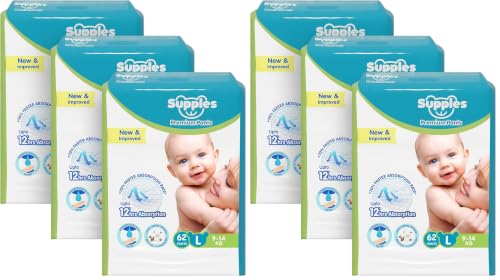 Image of Amazon Brand - Supples Premium Baby Diaper Pants | 186 Baby Diapers | Large | 9-14 Kg | 12 Hrs Absorption | Cushiony Cotton Soft Fabric | Phthalates-Free | Triple Leak Guard | 62 Count, Pack of 6
