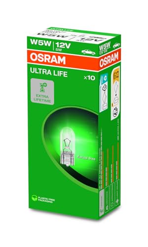 OSRAM ULTRA LIFE W5W, Lámpara halógena, luz de matrícula y de posición, 2825ULT, automóvil de 12 V, estuche (10 unidades)