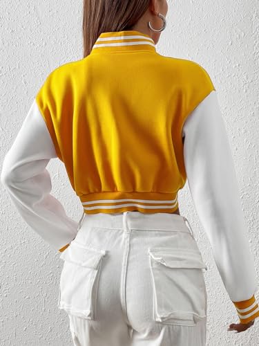 WDIRARA Women's Casual Button Down Letter Patched Color Block Crop Varsity Jacket Outerwear2