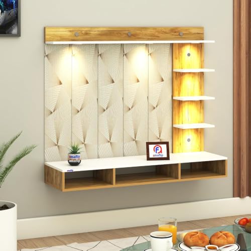 Image of Anikaa Tyron Engineered Wood Wall-Mount TV Unit with PVC Back Panel & LED Lights | TV Cabinet with Storage Box & Decorative Shelves (Gaintwood /White) | Ideal for TVs up to 55 Inch | DIY Installation