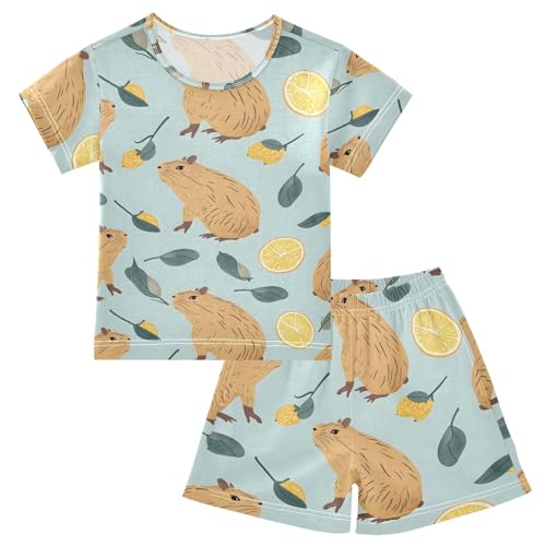ALAZA Cute Capybara Lemon Fruit Pajamas Short Sleeve 2 Piece Sleepwear Top and Bottom Pajama Set Unisex
