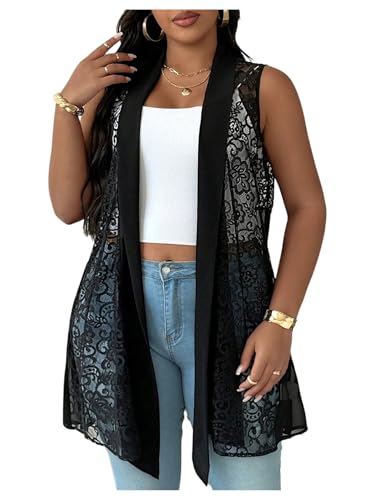 MakeMeChic Women's Plus Size Vest Floral Lace Sleeveless Open Front Summer Elegant Outerwear