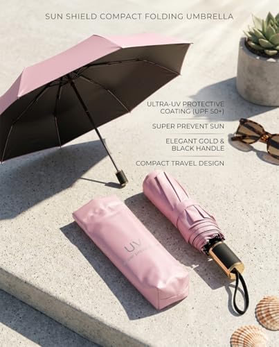 Image of TAZZY UV Protection Compact Folding Umbrella for Men & Women | Windproof, Waterproof Travel Umbrella with Storage Case | Sun & Rain Protection | Lightweight Portable Umbrella (Pink)