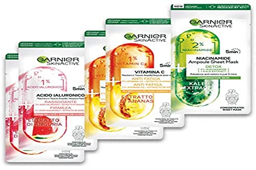 Garnier, Mascarilla de tela, 5 mascarillas de tejido faciales, cada una con un efecto diferente, ampollas en mascarilla de tela, hidratante, paquete de 5