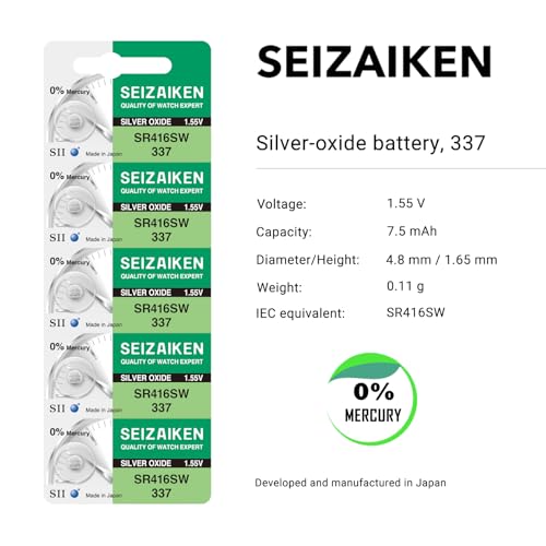 Image of 337 SR416SW 1.55V 0% Hg Silver Oxide Watch Battery (5 Batteries) Made in Japan by Seiko