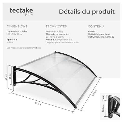 Auvent de porte de maison pour protéger l'entrée de la pluie tectake - 7