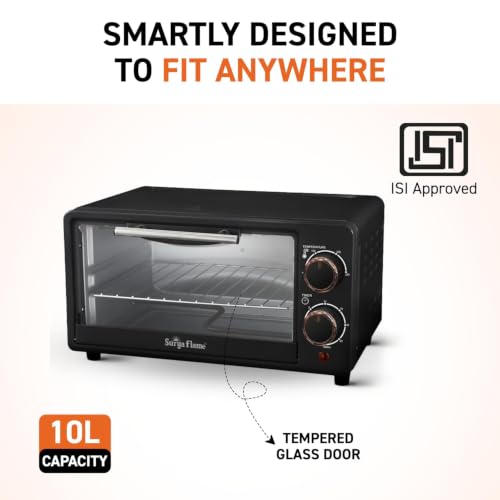 Image of Surya Flame Zolo 10L OTG Oven for Kitchen, 1200W Compact Toaster Griller for Baking Pizza, Cake, Grilling | Auto-Shut Off with Ready Bell | Multi-Stage Heat Selection & Timer | 2 Year Warranty