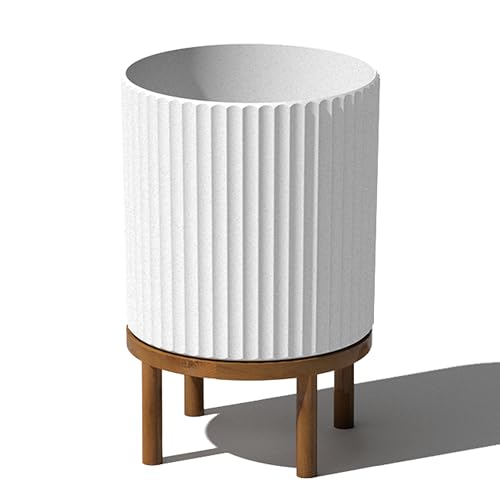 Veradek Demi Series Round Planter w/ Stand for Porch/Patio | Durable Plastic-Concrete & Wooden Stand | Modern Décor for Tall Plants, Flowers