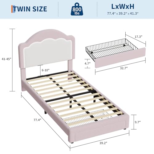 Image of GarveeHome Bed Frame with LED Headboard for Kids, Sherpa Upholstered Platform Bed Frame with Storage Drawer and Wood Slat Support, No Box Spring Required, Easy to Assemble (Pink, Twin)