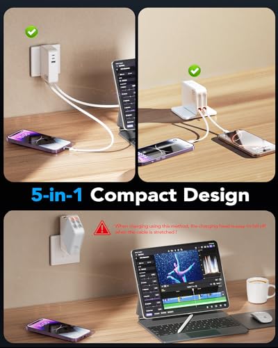 5 in 1 USB C Einziehbares Ladegerät 65W 3 Port Netzteil Schnellladegerät mit Einziehbarem Kabel,GaN Mehrere Geräte Retratable Charger für MacBook Pro/Air,iPhone 17-8 Serie,Galaxy,iPad,Laptop,Pixel