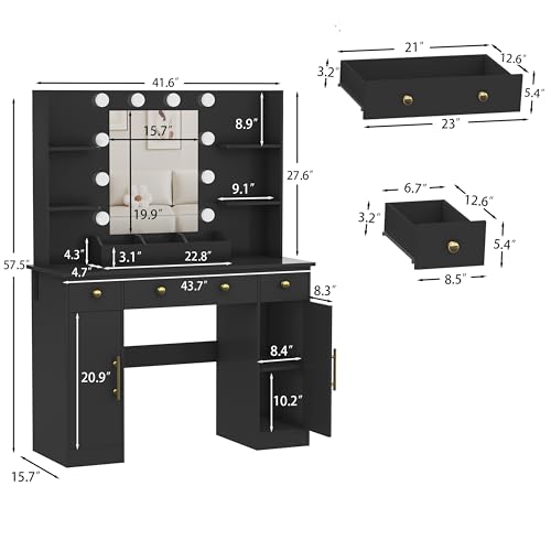 Image of HUANLEGO Vanity Desk with Mirror and Lights, Makeup Vanity with Mirror and LED Lights & Power Outlet, 3 Drawers and Cabinets, 3 Lighting Modes Dressing Table Set for Girls Women Bedroom,Black