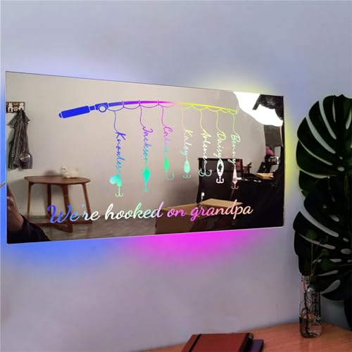 GGUIUIC Personalized LED Name Mirror Light Custom Fishing Mirror Led Light We're Hooked on Grandpa/Dad/Daddy Fishing Sign with 1-15 Name Fishing Gift for Dad Christmas Fathers Day Birthday