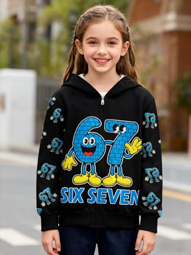 Yovova Boys Girls 67 Meme Hoodie 6 7 Number for Kids Casual Long Sleeve Zip-Up Hooded Sweatshirt Jumper for Kids 5-12 Years - Image 3