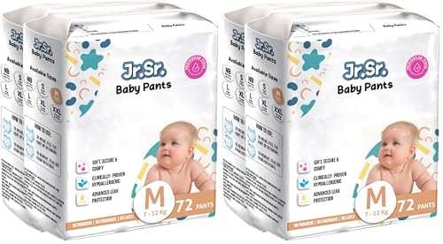 Image of Jr. Sr. Baby Diaper Pants | Medium (M) Size (7-12 kg), 144 Count | Pack of 4 | Upto 12 hr Absorption with Advanced Leak Protection | Safe For Babies Skin | Soft, Secure & Comfy